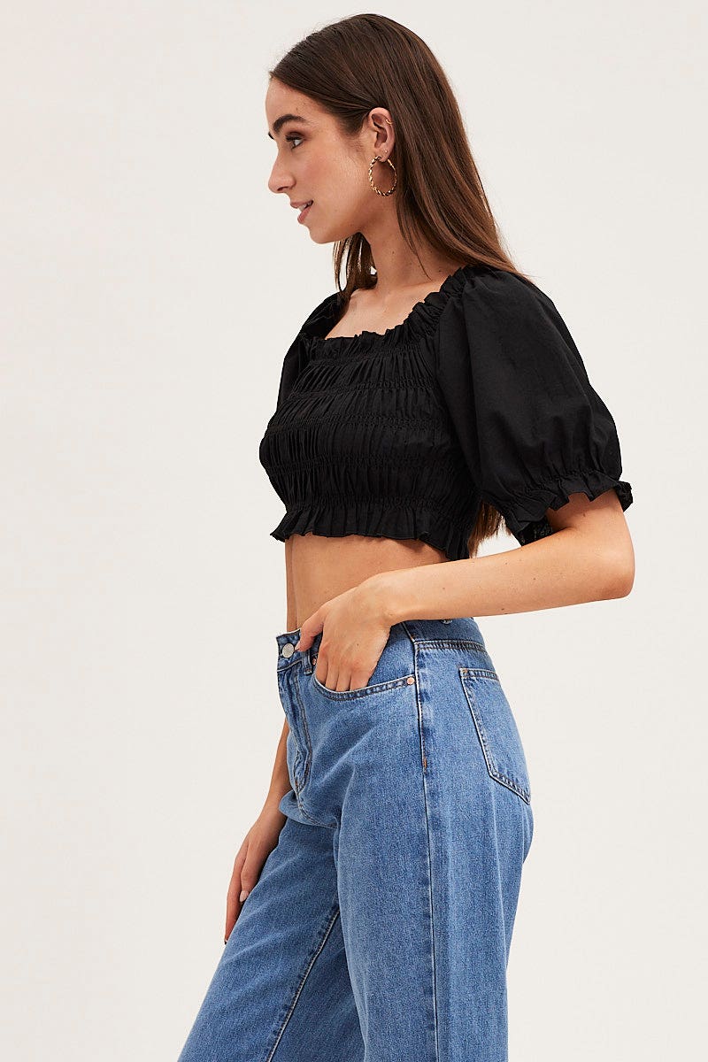 Black Short Sleeve Frilled Edge Shirred Crop Top - Image 4