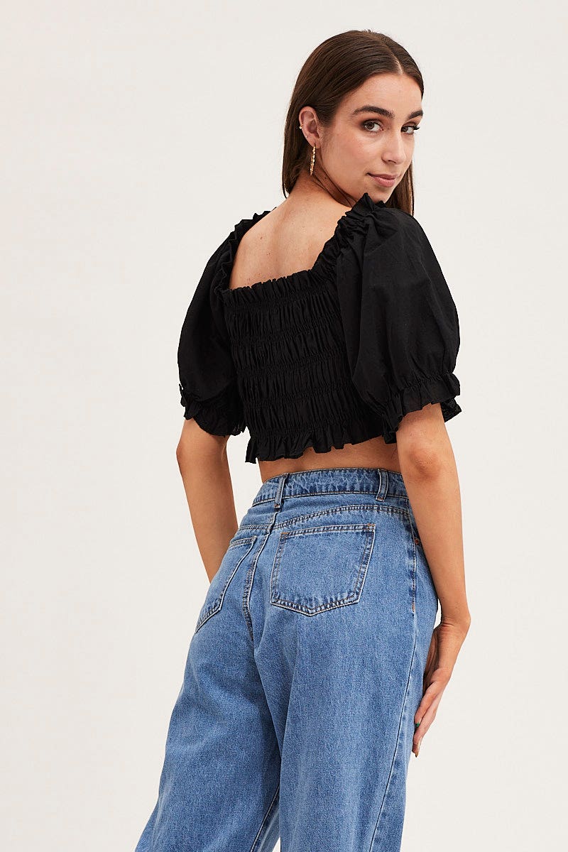 Black Short Sleeve Frilled Edge Shirred Crop Top - Image 5