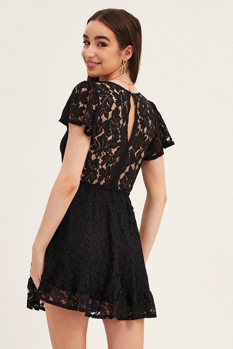 Black Short Sleeve Lace Wrap Front Skater Dress - Image 4