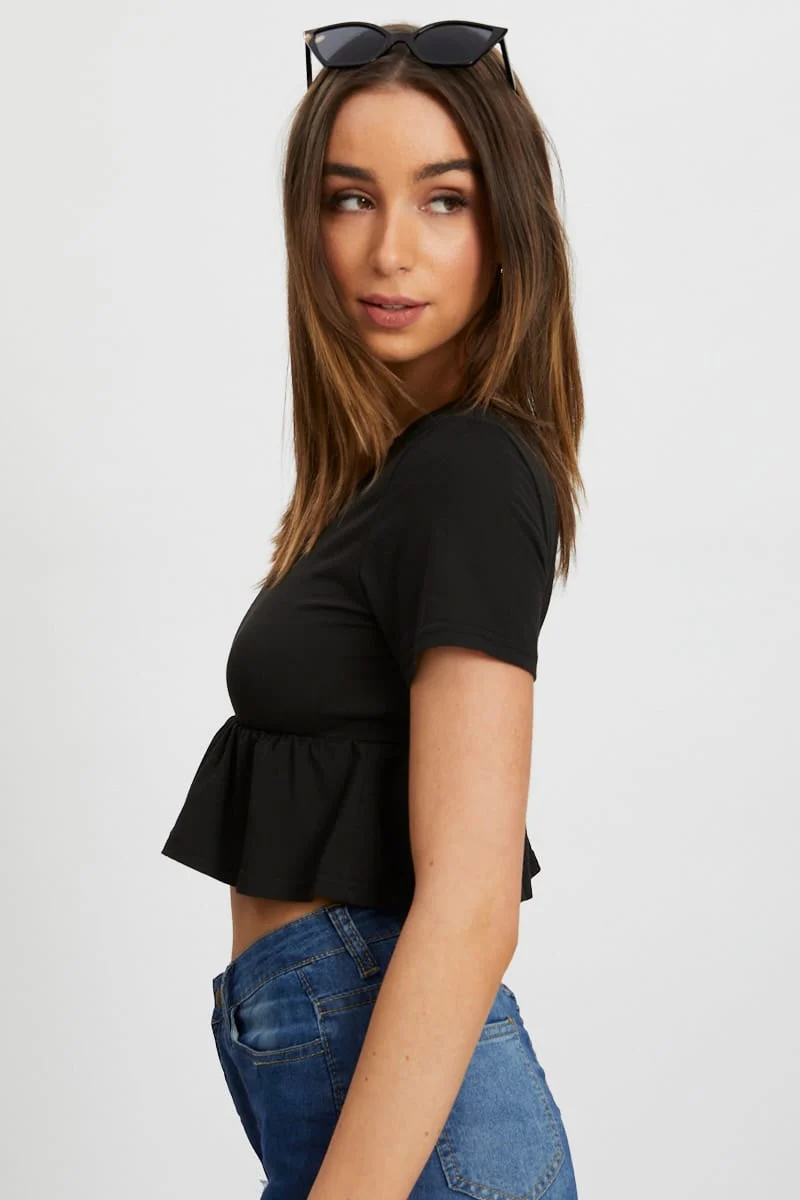 Black Short Sleeve Peplum T Shirt - Image 4