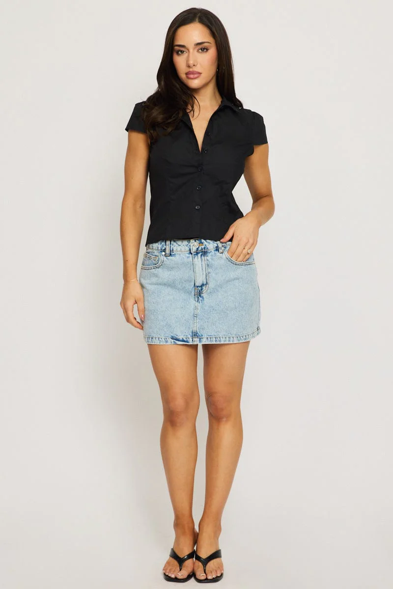 Black Short Sleeve Shirt Collared Button Up Lined - Image 2