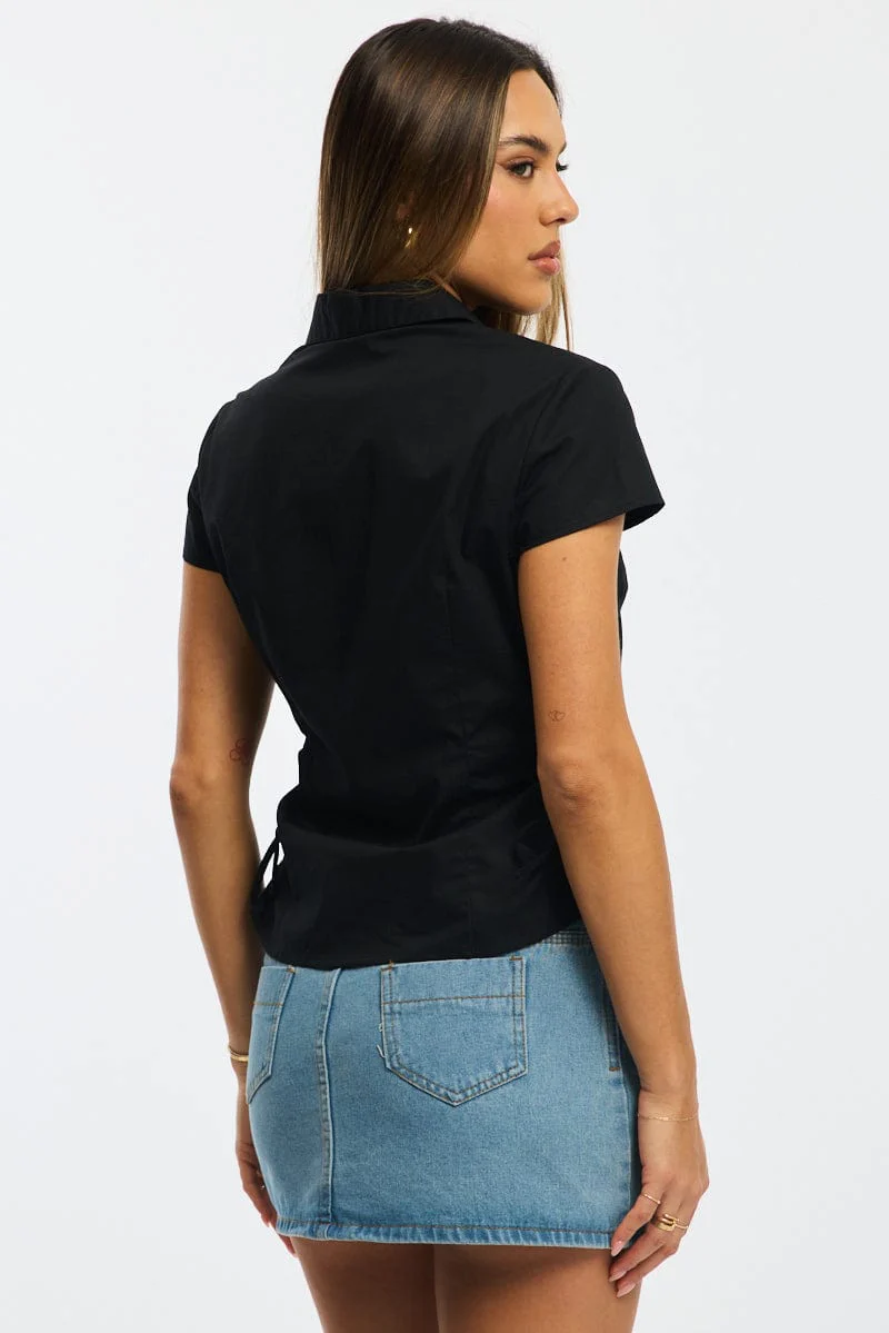 Black Short Sleeve Shirt Collared Side Ruched Button Up - Image 4