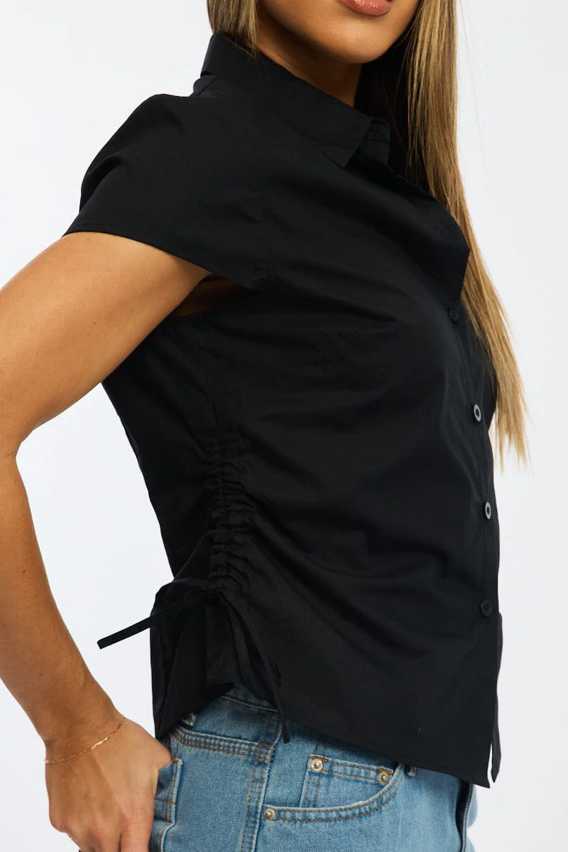 Black Short Sleeve Shirt Collared Side Ruched Button Up - Image 5