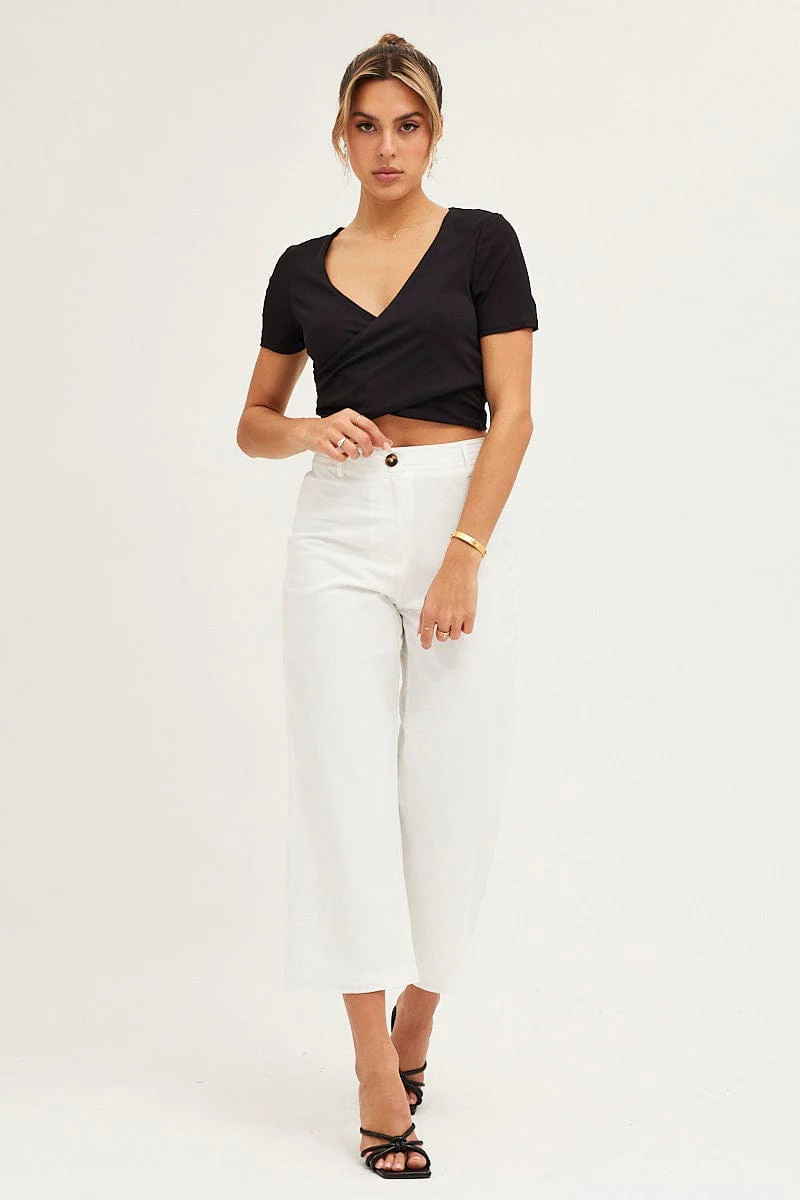 Black Short Sleeve V Neck Rib Jersey Crossover Top - Image 2