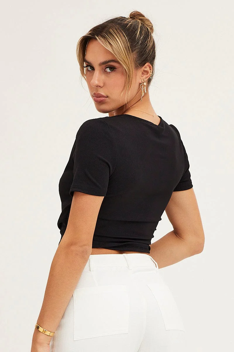 Black Short Sleeve V Neck Rib Jersey Crossover Top - Image 5
