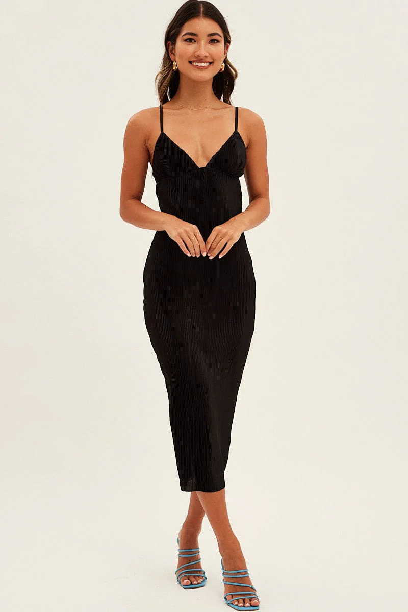 Black Slip Dress Midi Plisse Satin - Image 3