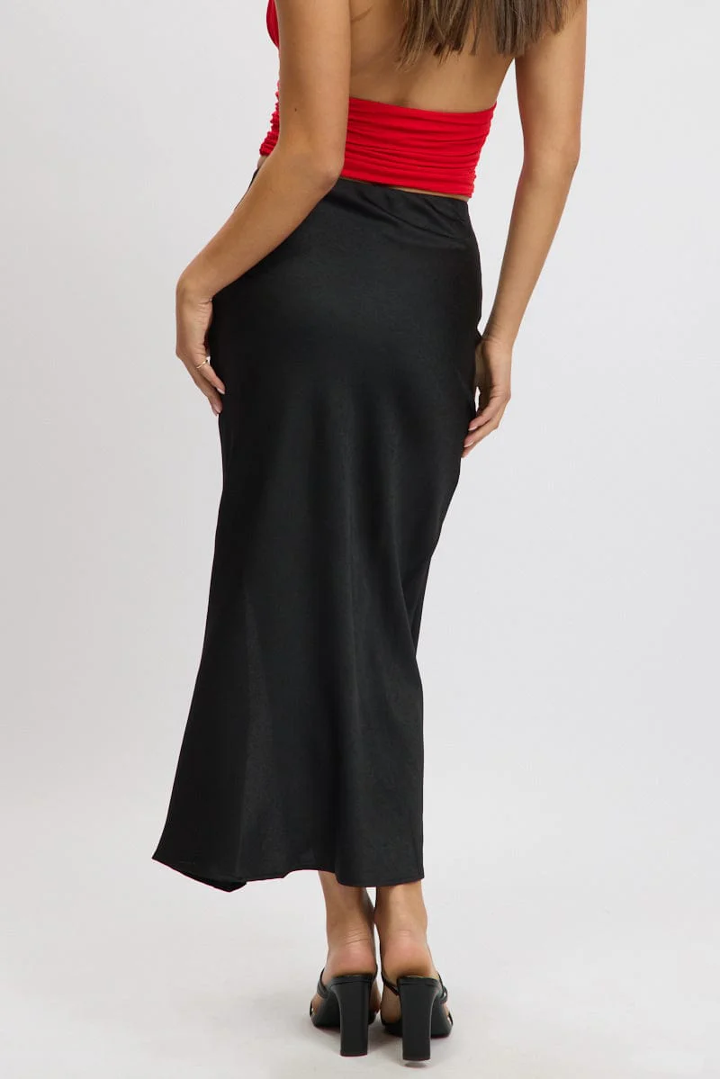 Black Slip Skirt High Waist Front Split Midaxi Satin - Image 5