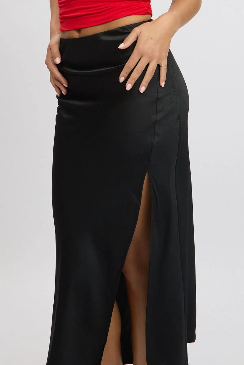 Black Slip Skirt High Waist Front Split Midaxi Satin - Image 6