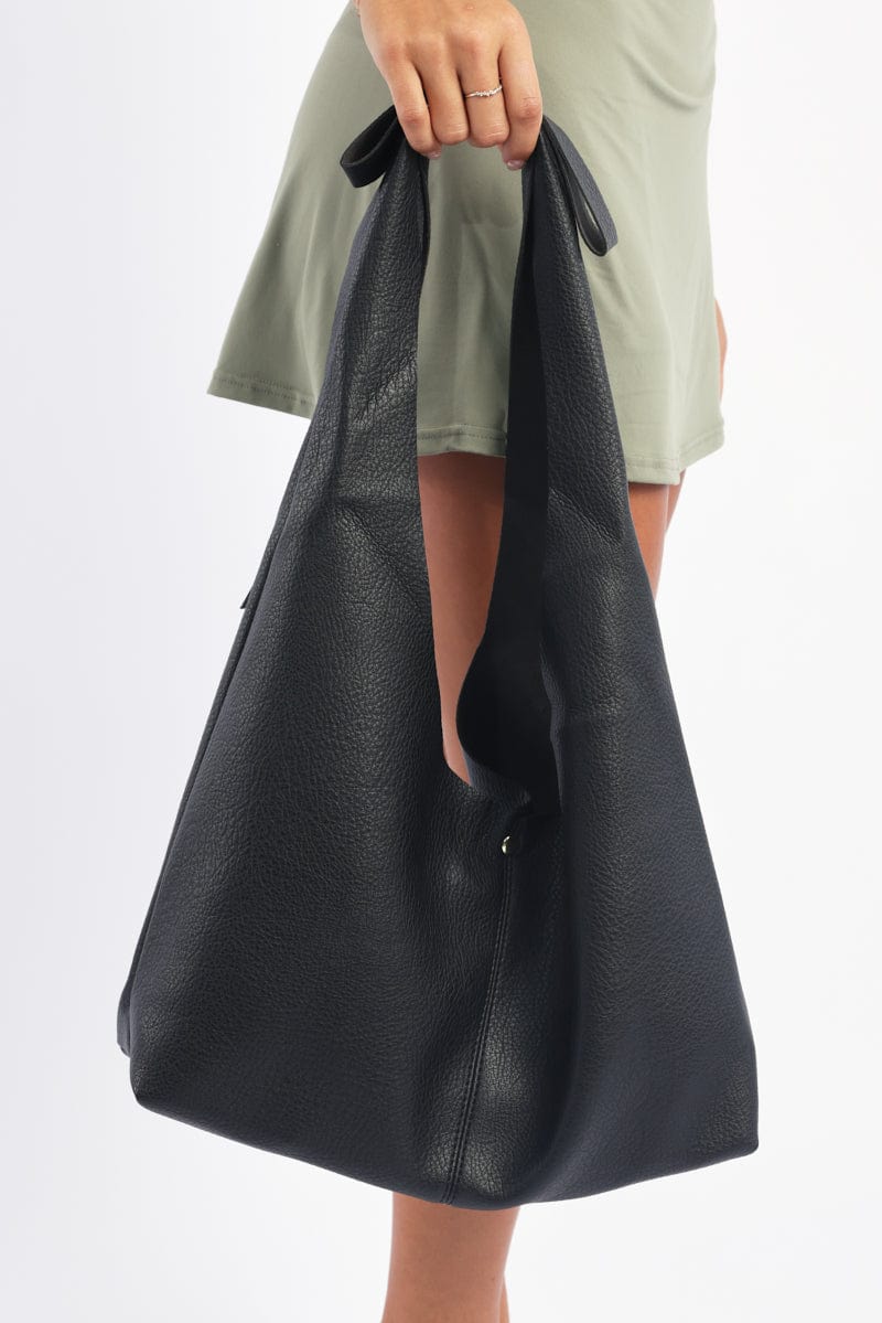 Black Slouchy Shoulder Tote Bag With Bow Detail - Image 2