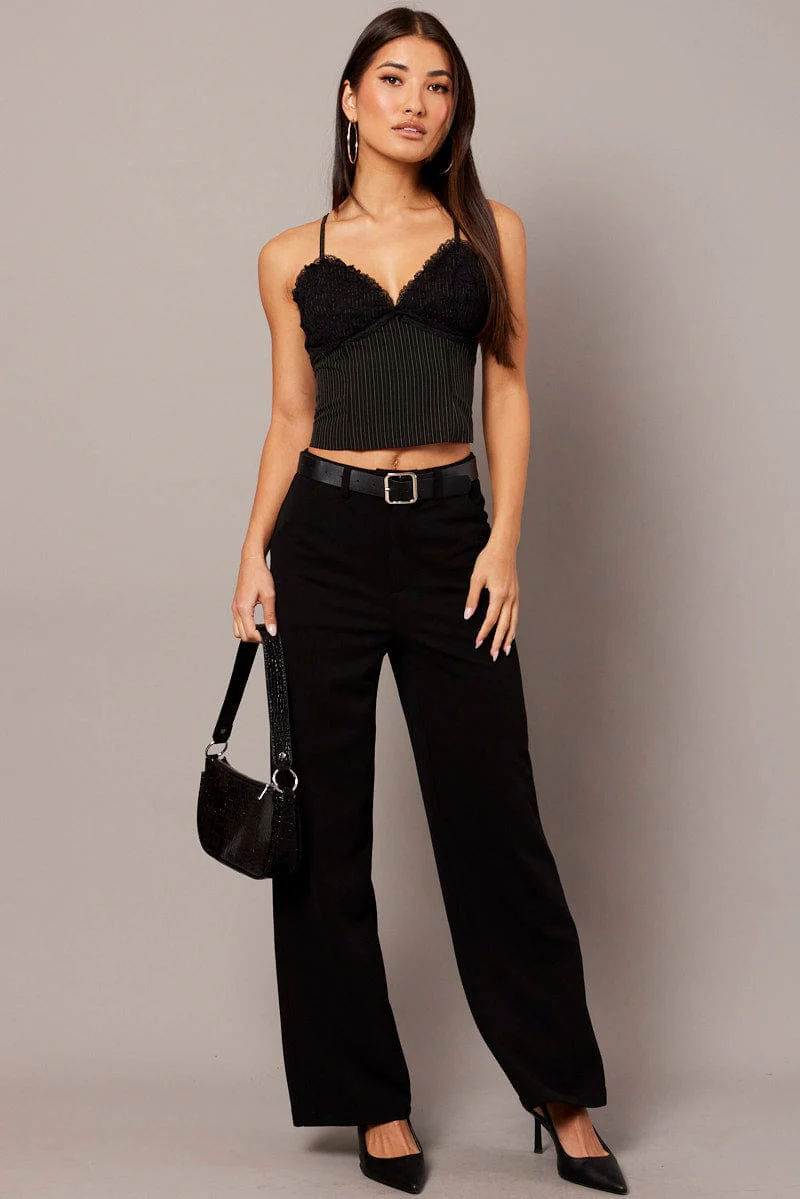 Black Stripe Cami Top Sleeveless Lace - Image 2