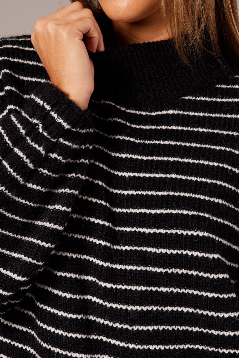 Black Stripe Knit Dress Long Sleeve Turtleneck Oversized - Image 6