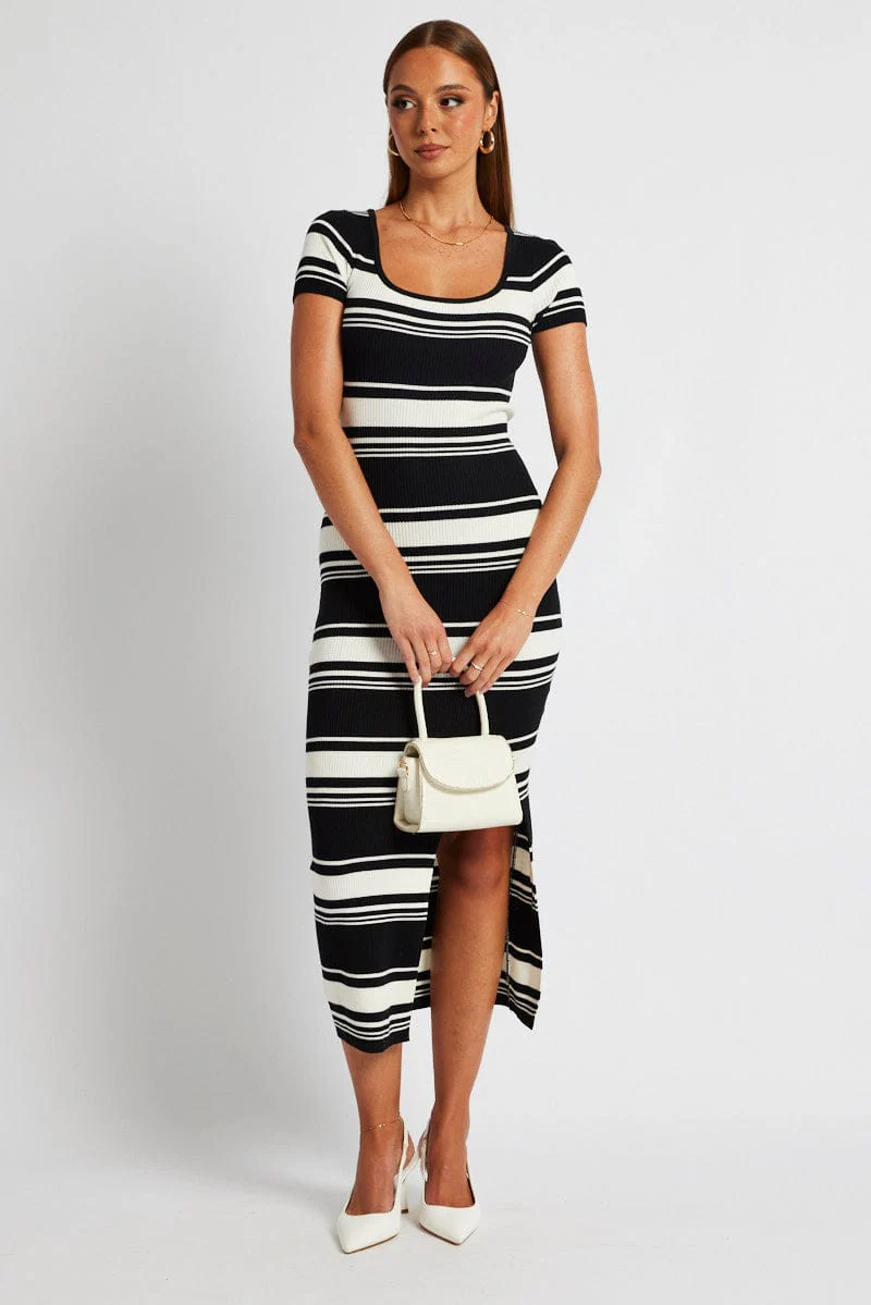 Black Stripe Knit Dress Short Sleeve Bodycon Midi - Image 3
