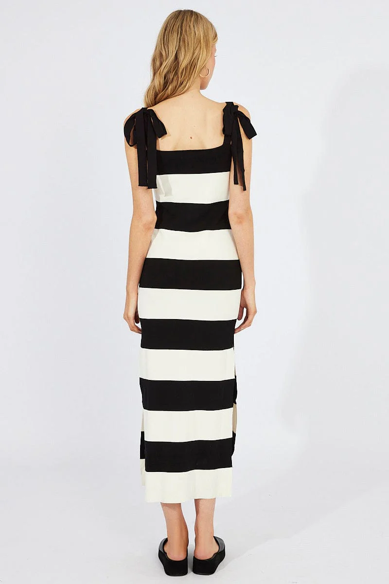 Black Stripe Knit Dress Sleeveless Tie Shoulder - Image 5