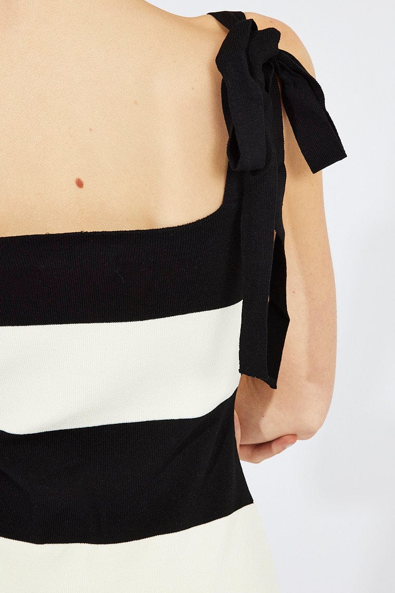 Black Stripe Knit Dress Sleeveless Tie Shoulder - Image 6