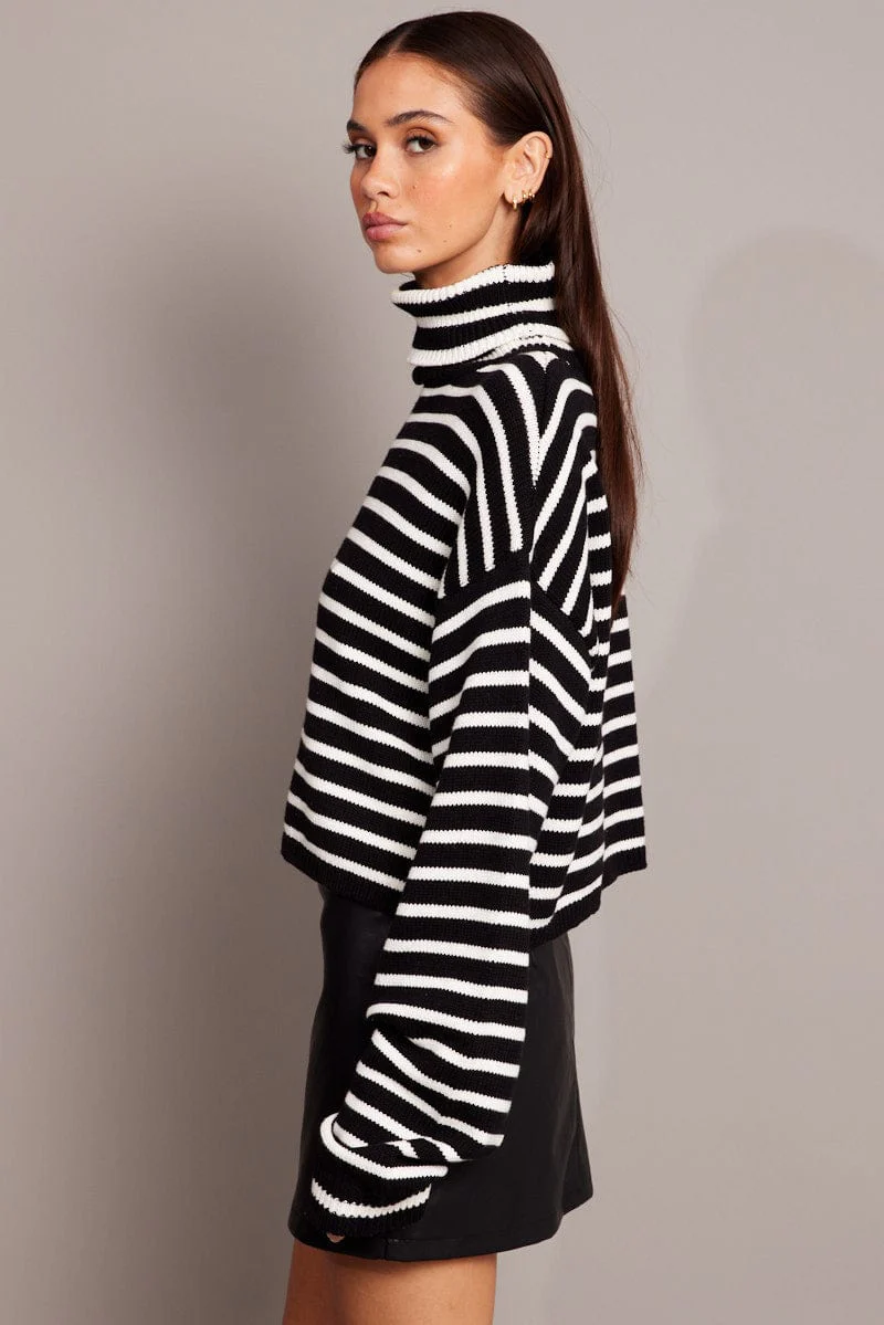 Black Stripe Knit Top Long Sleeve High Neck - Image 4
