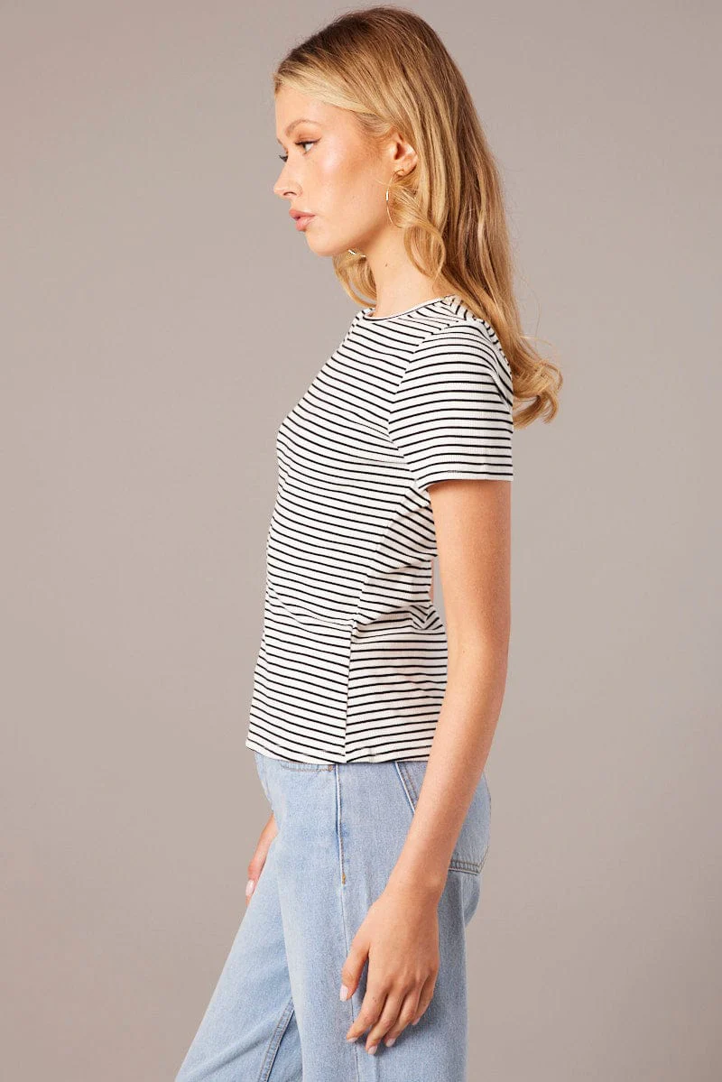 White Stripe Longline T Shirt Short Sleeve Crew Neck Rib Jersey - Image 4