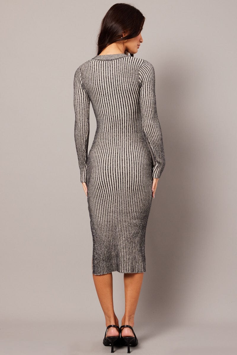 Black Stripe Midi Dress Long Sleeve Round Neck Rib Knitted - Image 5