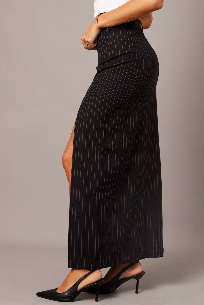 Black Stripe Midi Skirt Tailored High Waist - Image 4