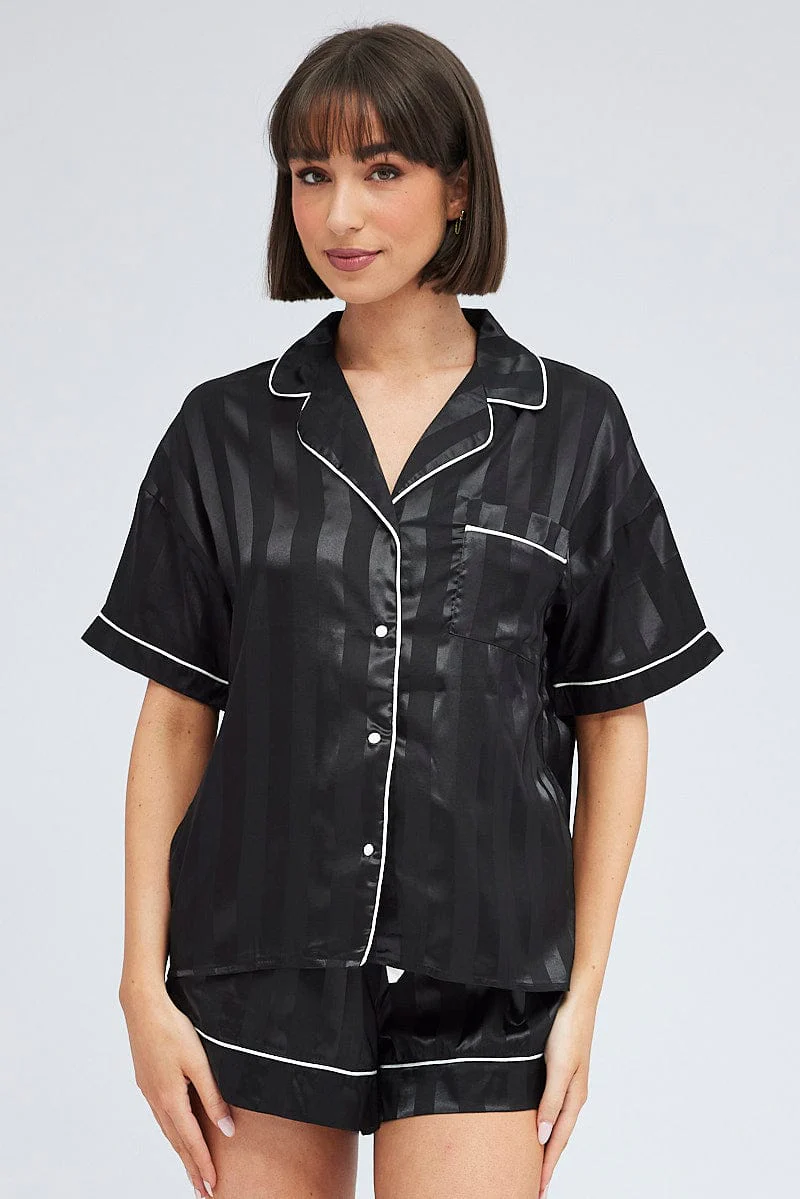 Black Stripe Pyjama Set Jacquard Stripe Satin Piping PJ - Image 3