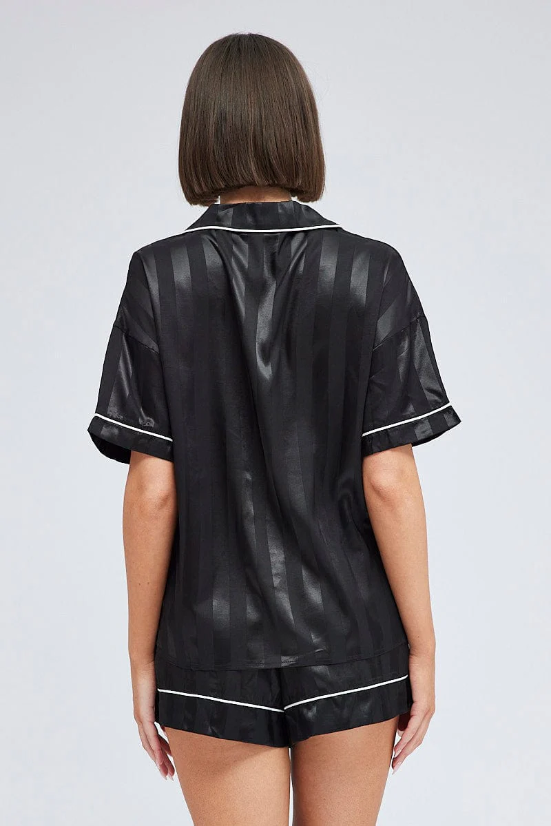 Black Stripe Pyjama Set Jacquard Stripe Satin Piping PJ - Image 5