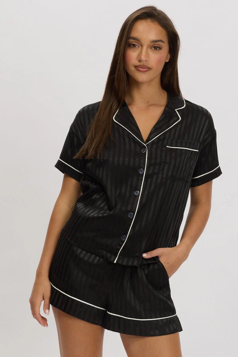 Black Stripe Satin Pyjamas Set Short Sleeve - Image 3