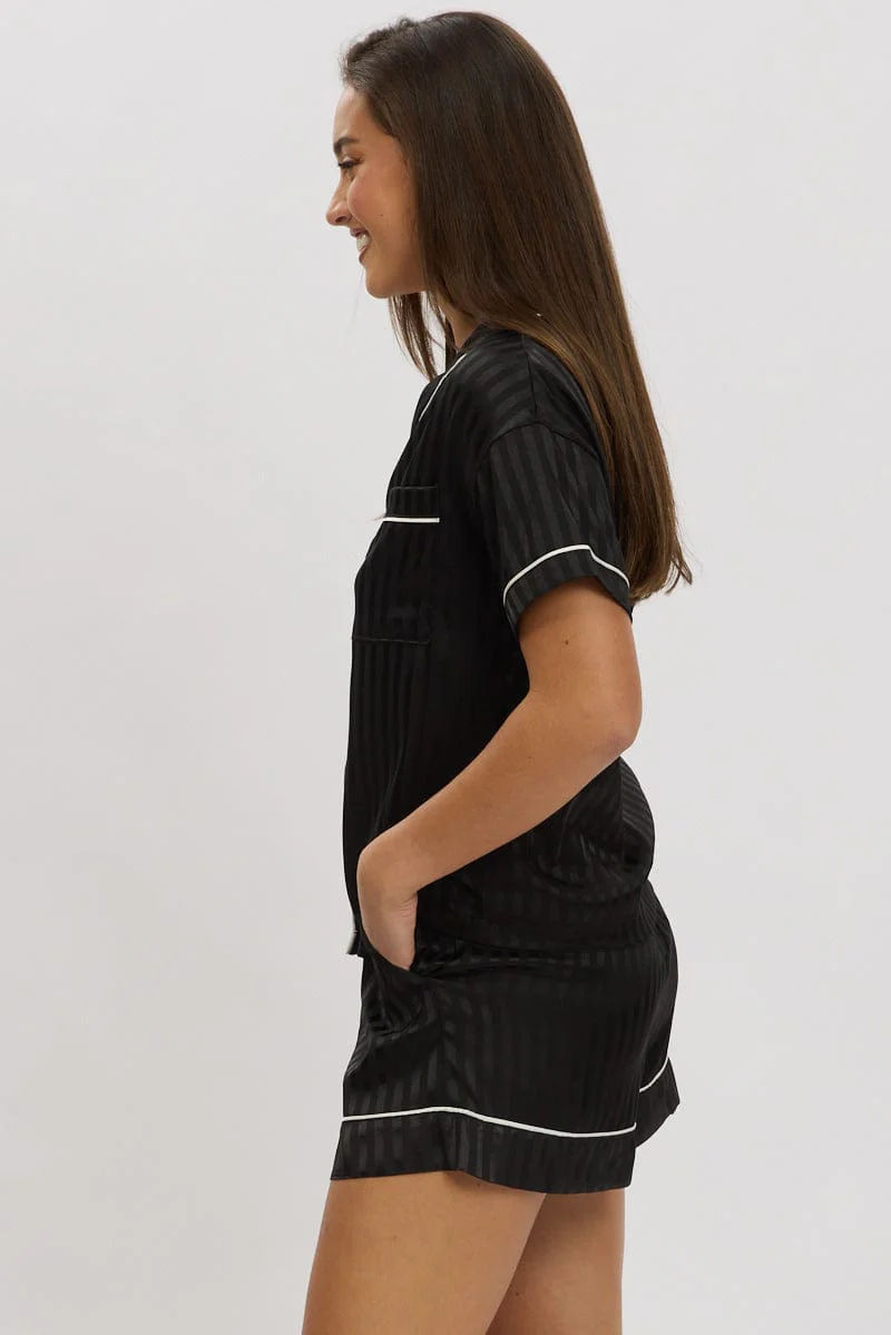 Black Stripe Satin Pyjamas Set Short Sleeve - Image 4