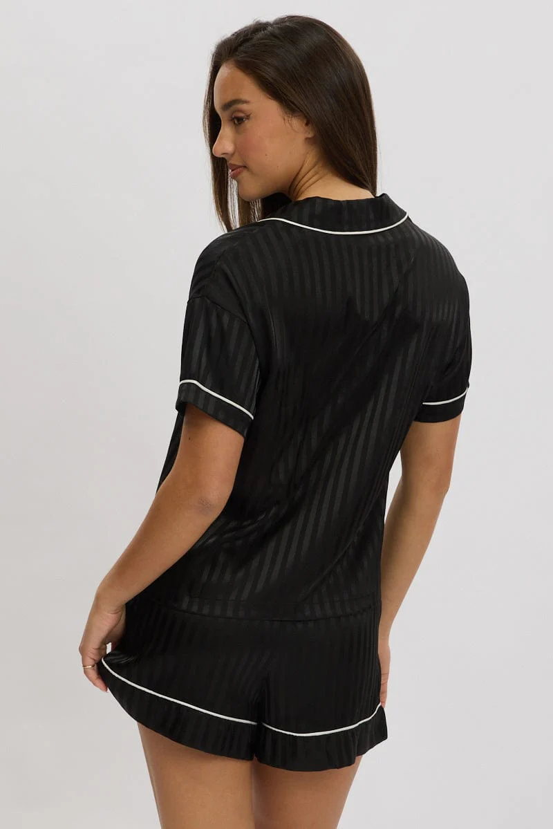 Black Stripe Satin Pyjamas Set Short Sleeve - Image 5