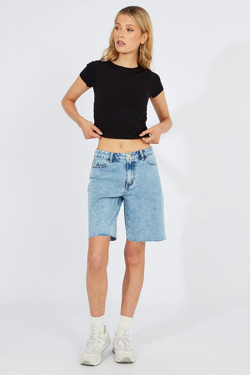 Black T-Shirt Short Sleeve Crew Neck Ruched Seamless - Image 2