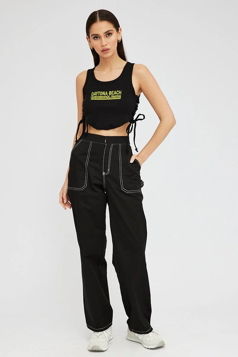 Black Tank Top Side Ties Daytona Beach Embroidery Rib - Image 2