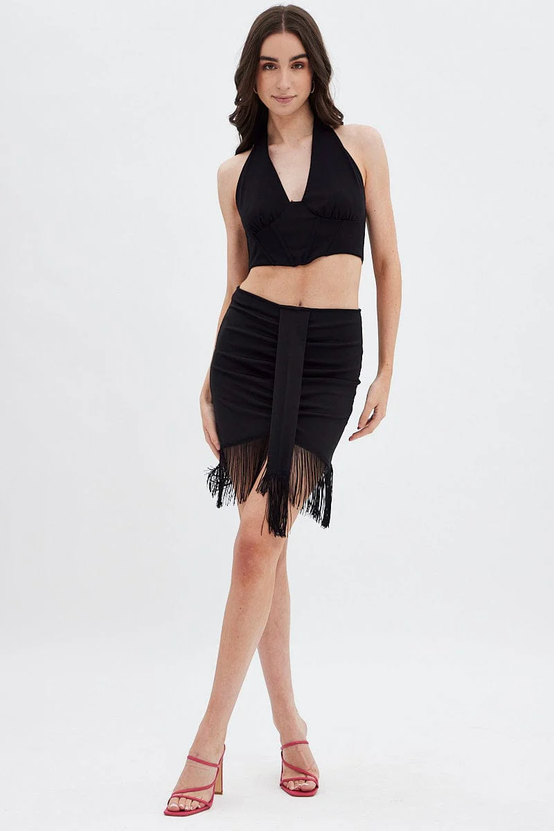 Black Tassels Ruched Mini Skirt - Image 3