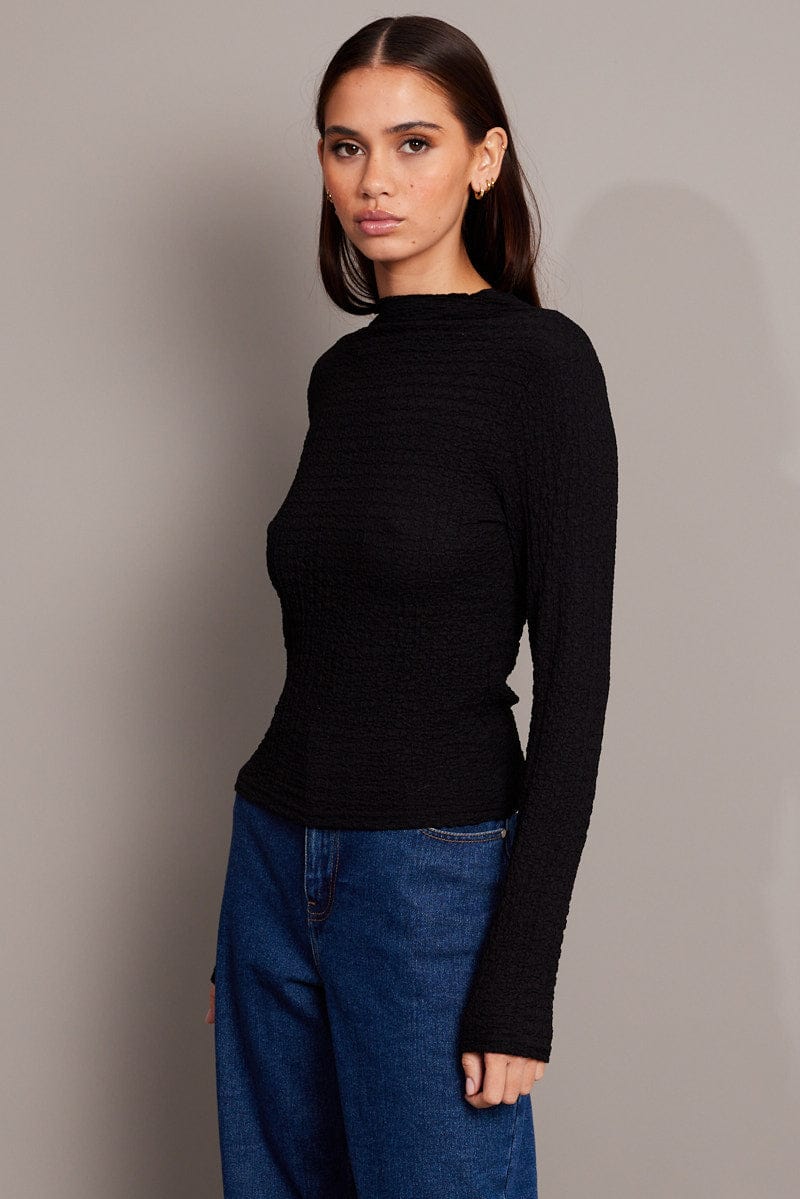 Black Textured Top Long Sleeve High Neck - Image 4