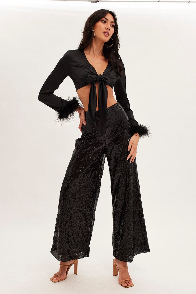 Black Tie Front Feather Bolero V Neck Satin - Image 2