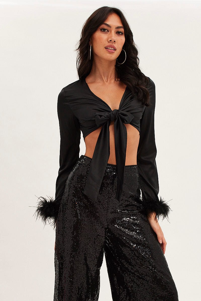 Black Tie Front Feather Bolero V Neck Satin - Image 3