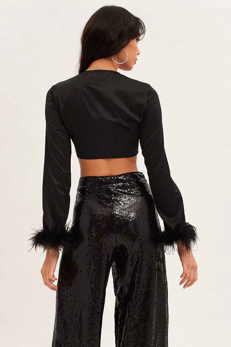 Black Tie Front Feather Bolero V Neck Satin - Image 5