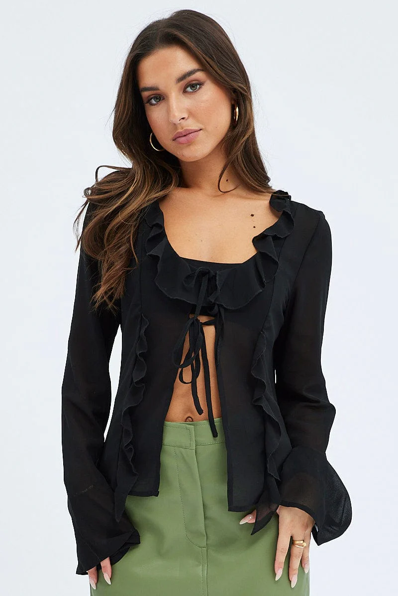 Black Tie Front Top Long Sleeve V Neck Ruffled Frills - Image 3