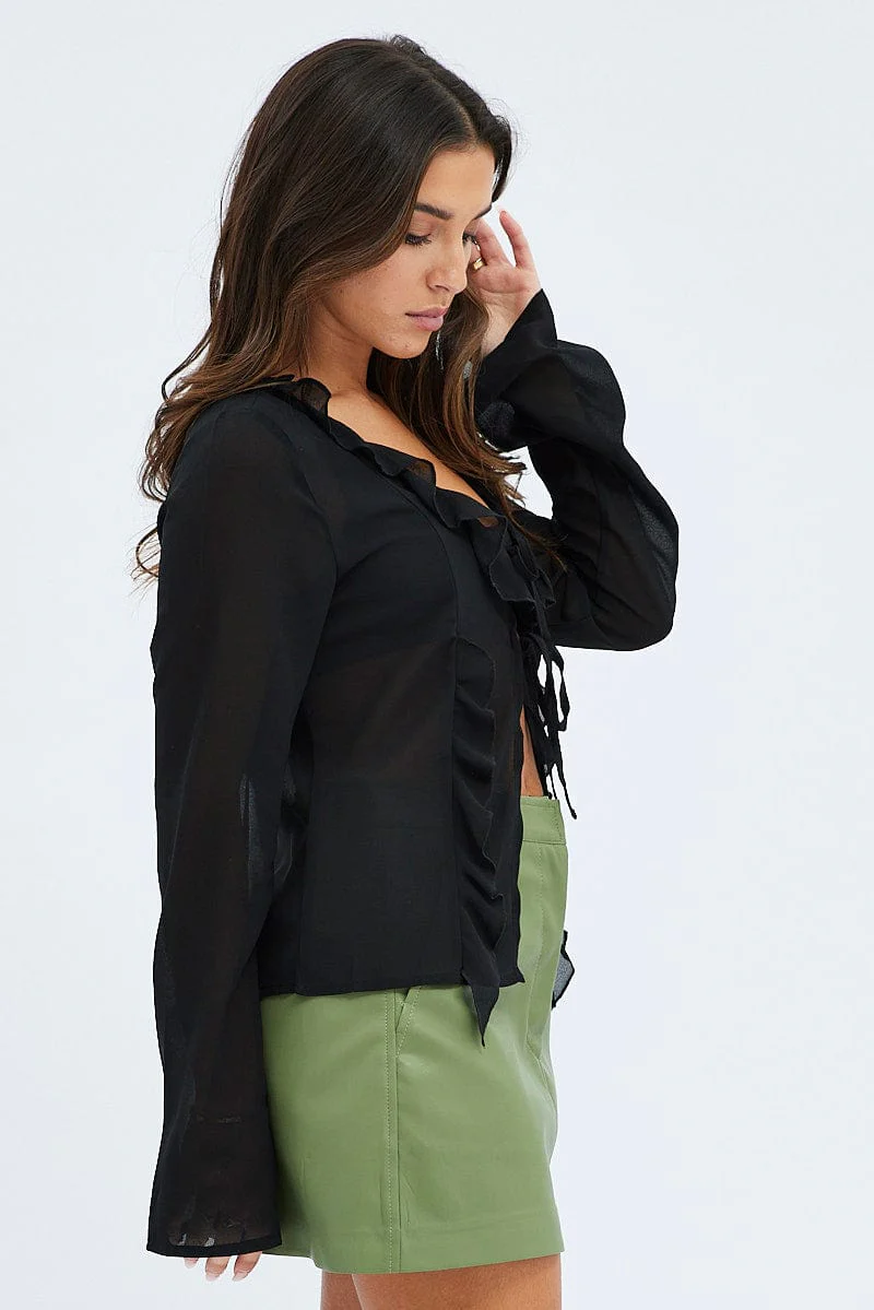 Black Tie Front Top Long Sleeve V Neck Ruffled Frills - Image 4