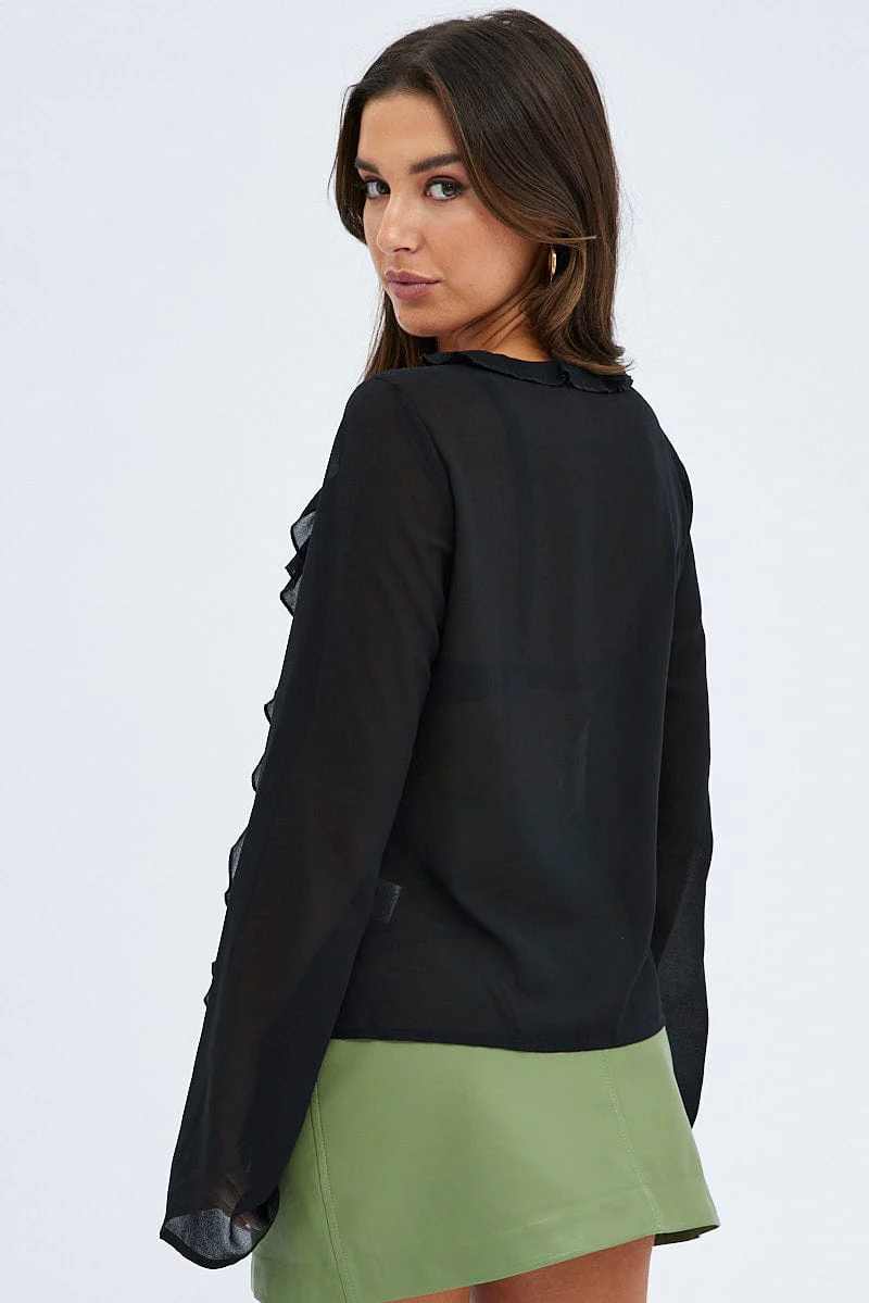 Black Tie Front Top Long Sleeve V Neck Ruffled Frills - Image 5