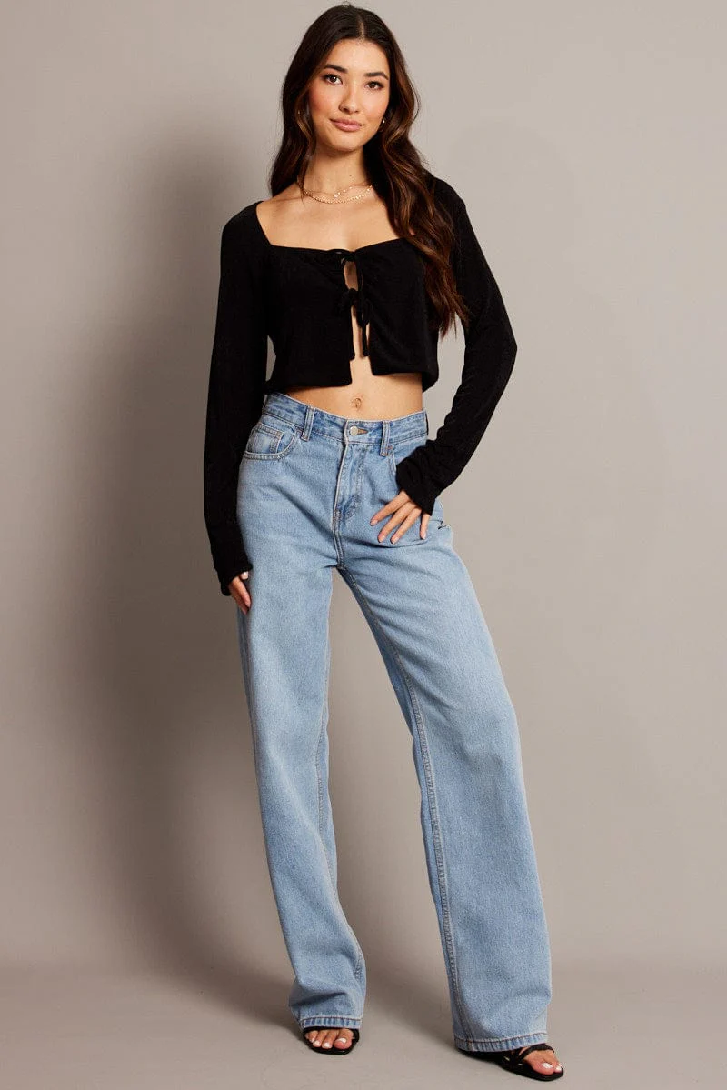 Black Tie Up Front Top Long Sleeve - Image 2