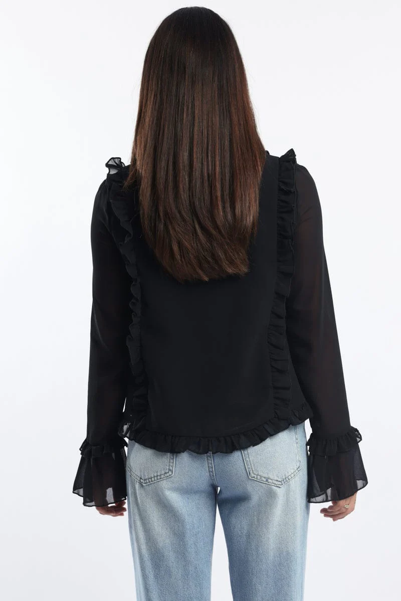 Black Tie Up Top Long Sleeve V Neck Filled - Image 4