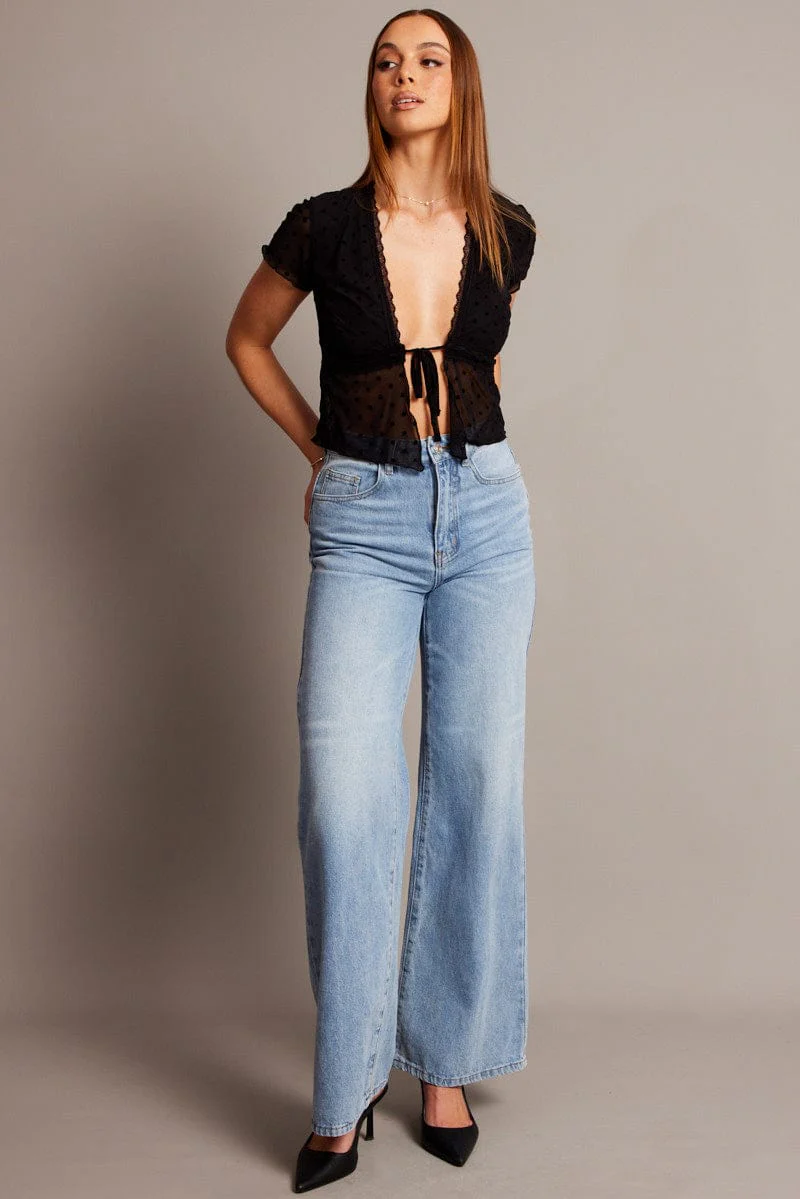 Black Tie Up Top Short Sleeve Mesh - Image 2