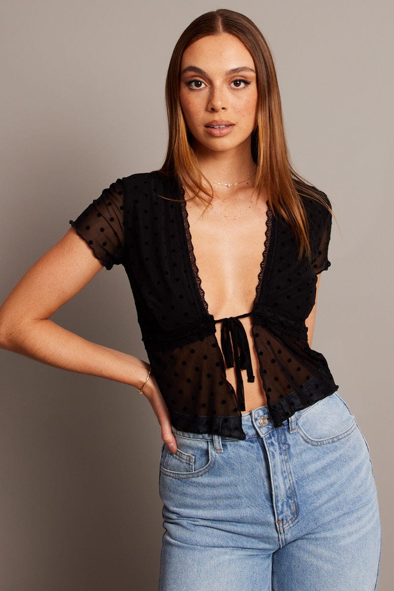 Black Tie Up Top Short Sleeve Mesh - Image 3