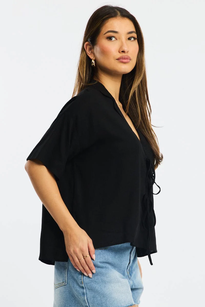 Black Tie Up Top Short Sleeve - Image 3