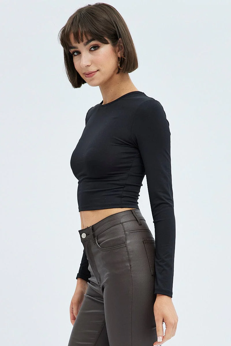 Black Top Long Sleeve Round Neck Elastic Back Jersey - Image 5