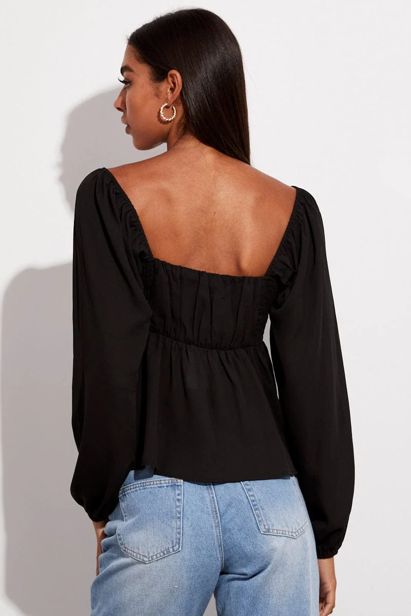 Black Top Long Sleeve Square Neck Shirred Ruched - Image 5