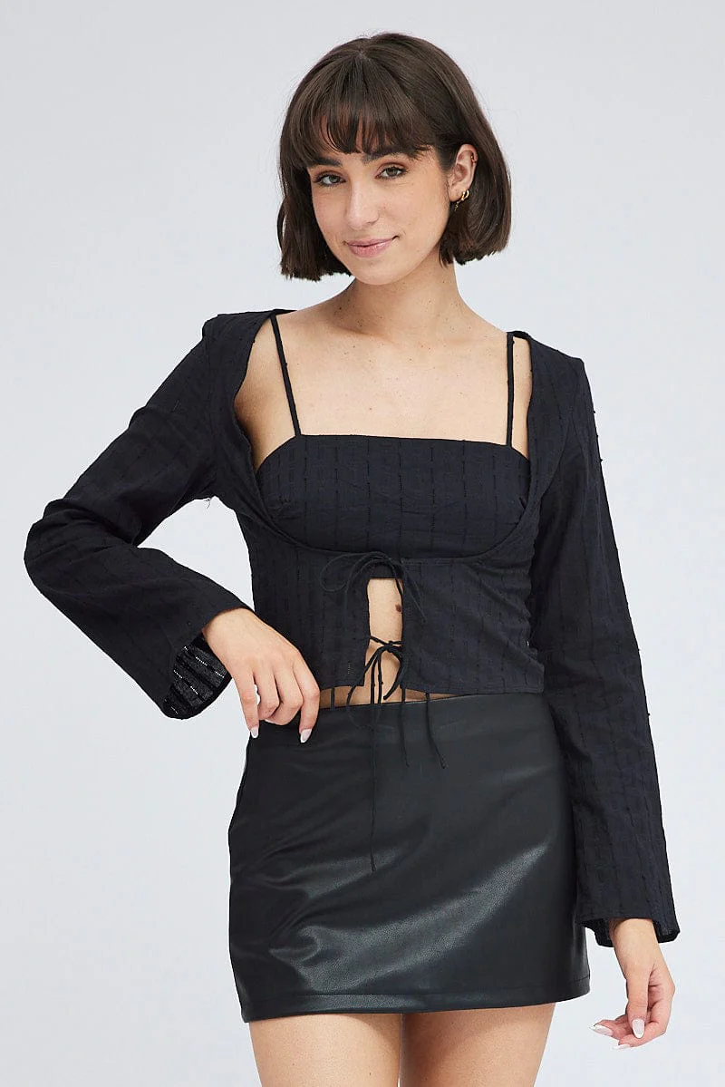 Black Top Set Long Sleeve Square Neck Cami Tie Front - Image 3
