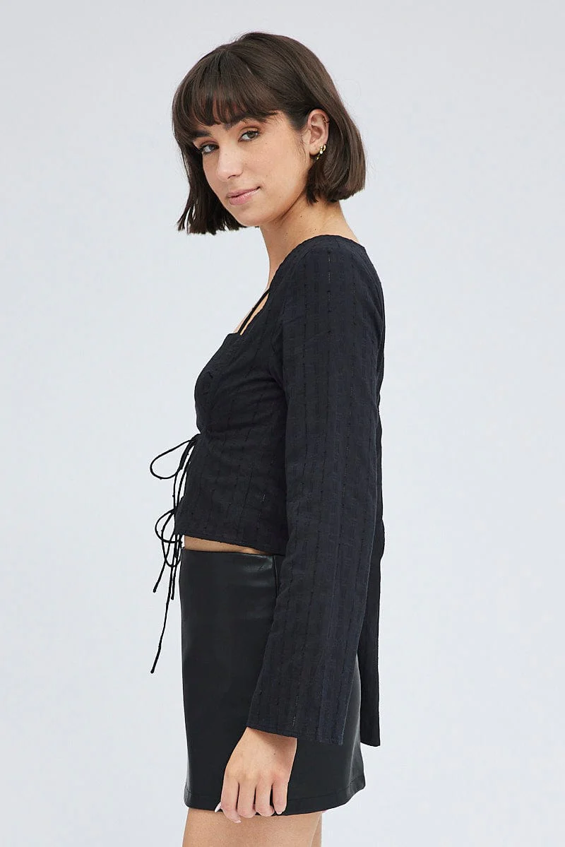Black Top Set Long Sleeve Square Neck Cami Tie Front - Image 4