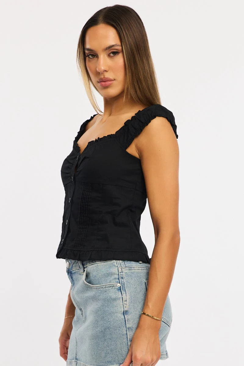 Black Top Short Sleeve Gathered Bust Pleated Detail - Image 3