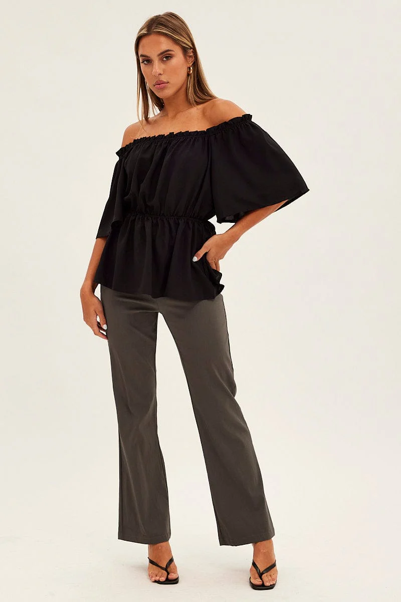Black Top Short Sleeve Off Shoulder Longline Flutter - Image 2