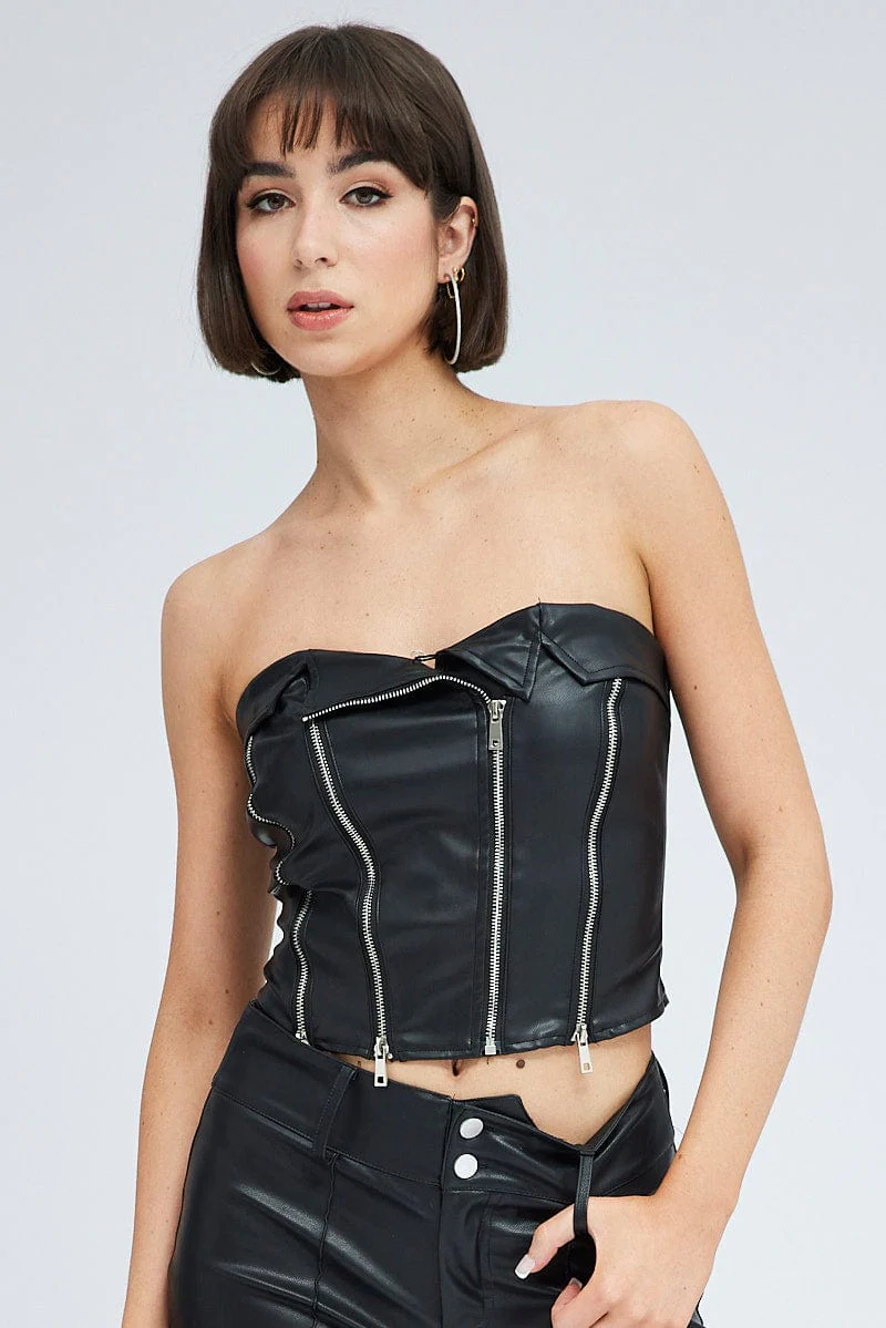 Black Top Sleeveless Strapless Biker Zip Faux Leather - Image 3