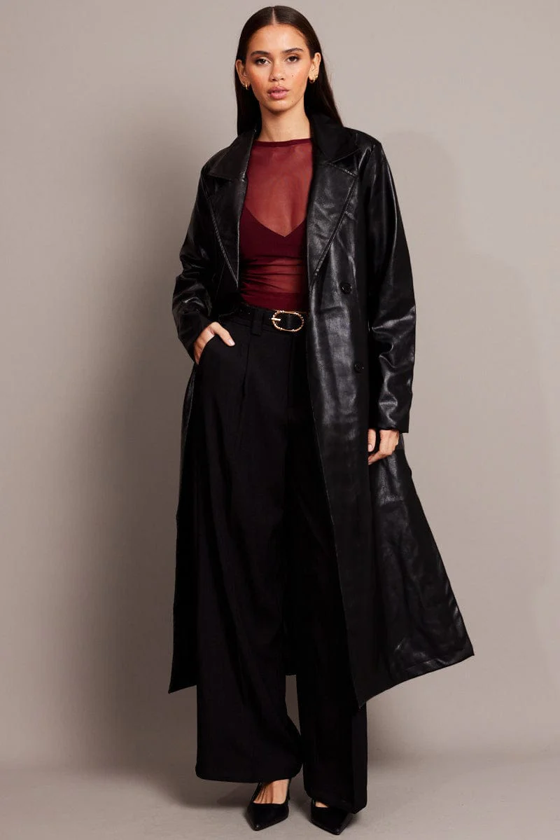 Black Trench Coat Long Sleeves Faux Leather - Image 2